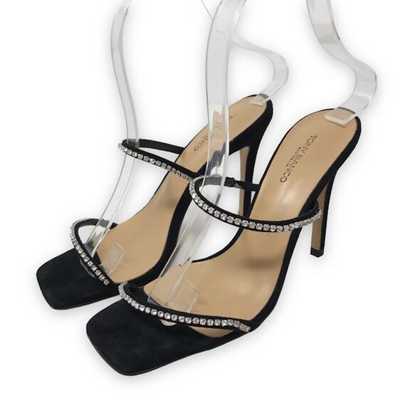 Tony Bianco Fletcher Mule Heels 6 Rhinestone Crystal Square Toe Black Suede - Picture 1 of 11